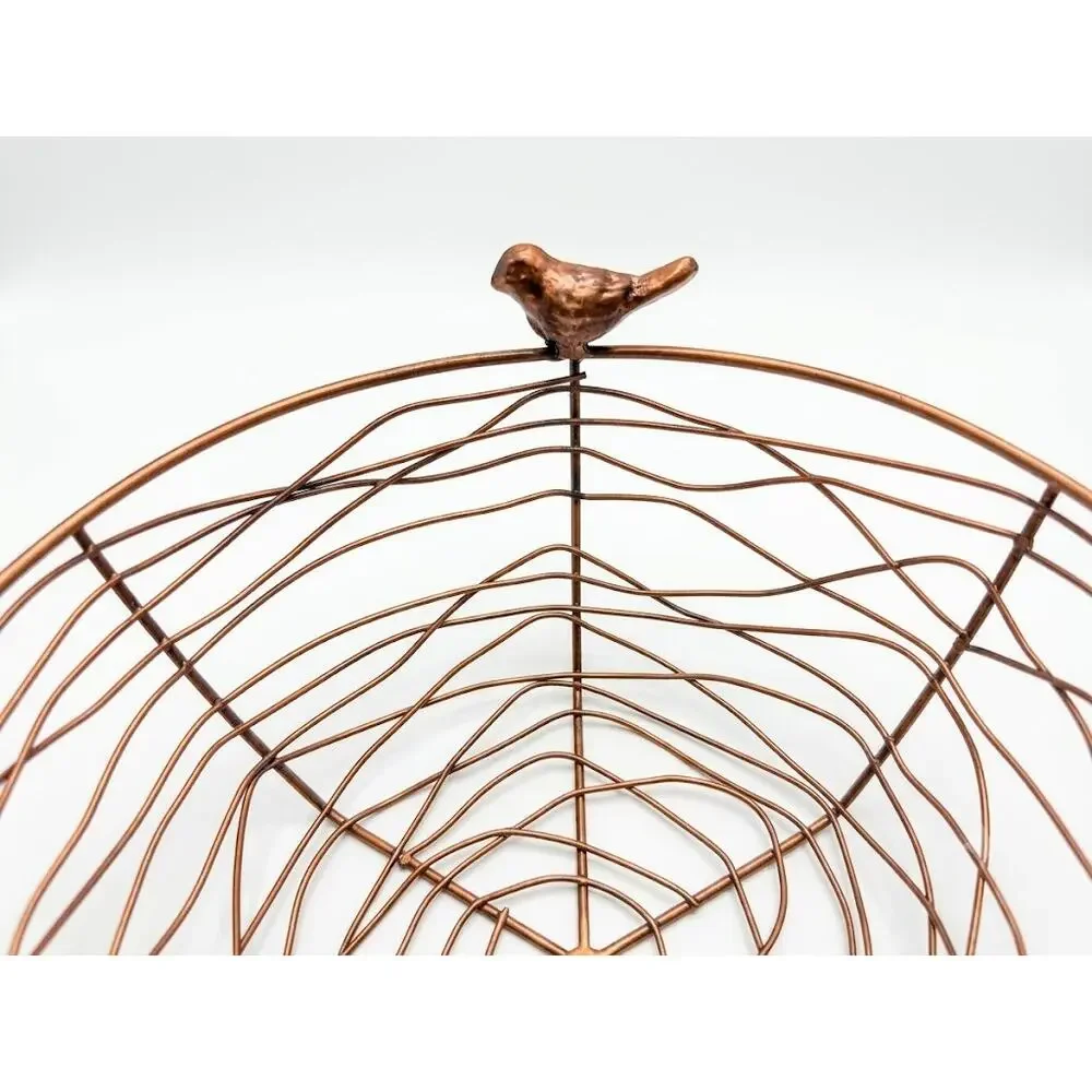 Vintage 1970s Handmade Copper Tone Wire Nest Baskets with Bird Finials Set of 2